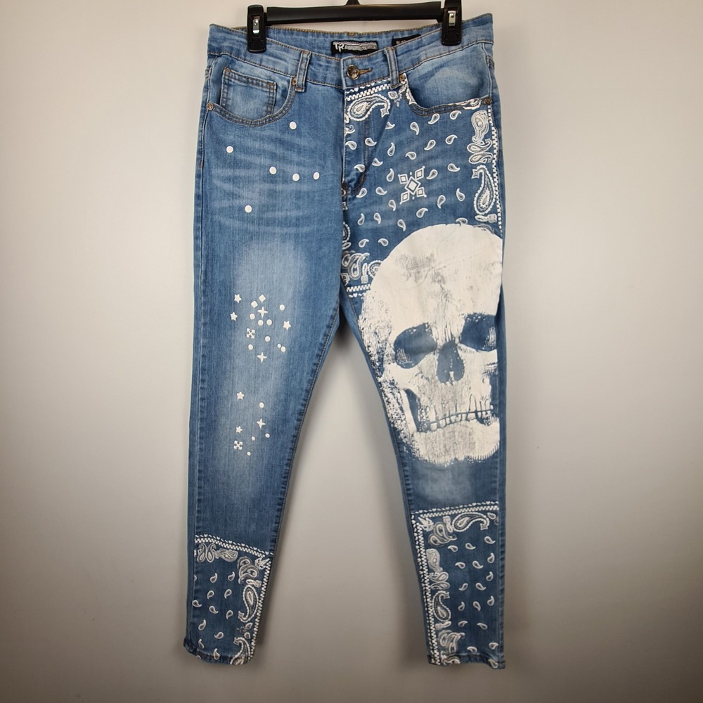 Tailored Recreation Premium Mens Skinny Jeans 31x30 Skull Bandana Graphic‎ Blue